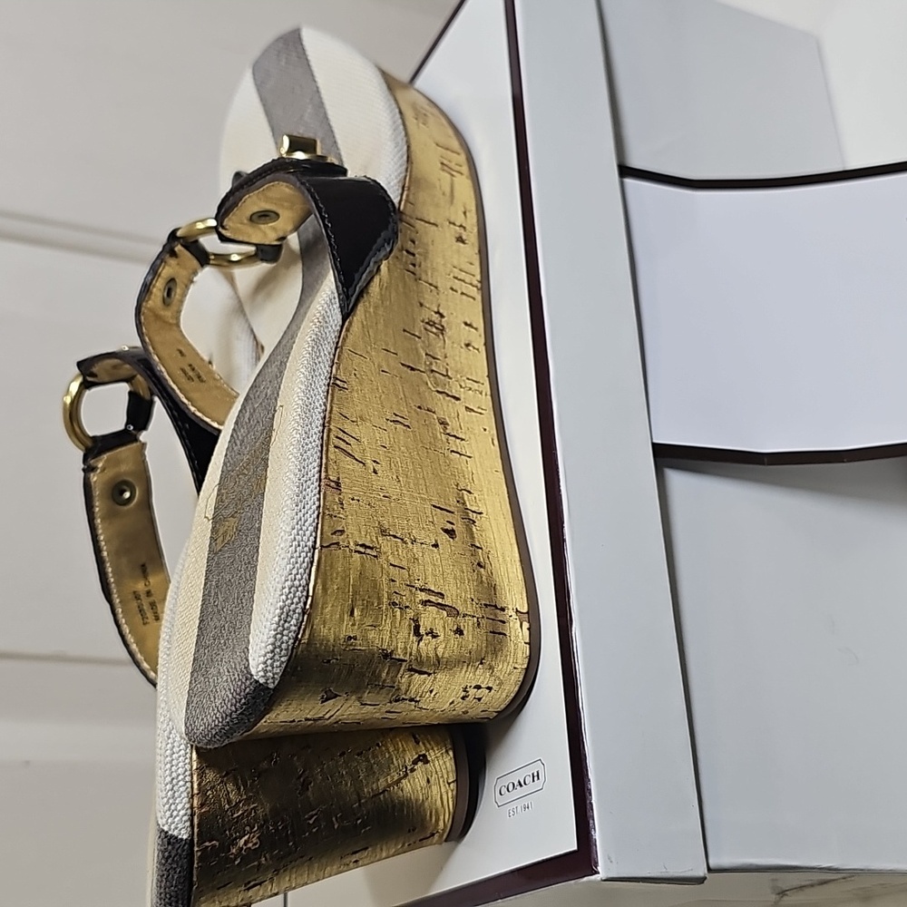 Coach Gold and Black Wedge Sandals - Picture 4 of 14
